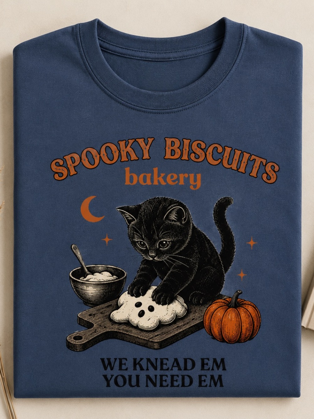 Vintage Spooky Biscuits Bakery Cat Tee - Navy Blue Gildan